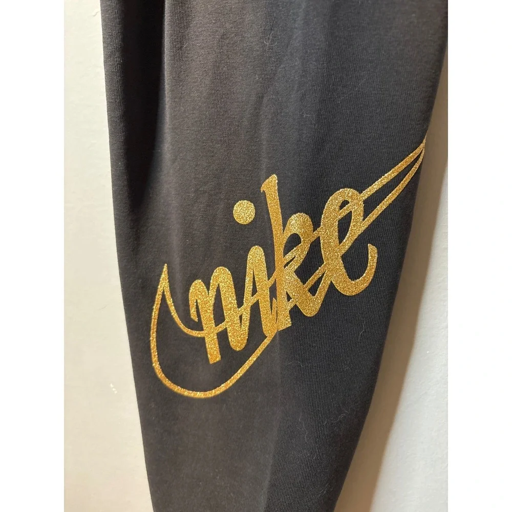 Nike Womens 1X Leggings Black Gold Glitter Spell Out Logo High Rise‎ Athletic
